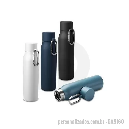 Garrafa térmica personalizada - Garrafa térmica em inox 304 com pintura eletrostática e capacidade para até 550 ml. Possui estrutura de parede dupla e vedação a vácuo, permitindo a conservação de temperatura de líquidos por mais tempo. Conta com tampa em plástico PP com mosquetão r
