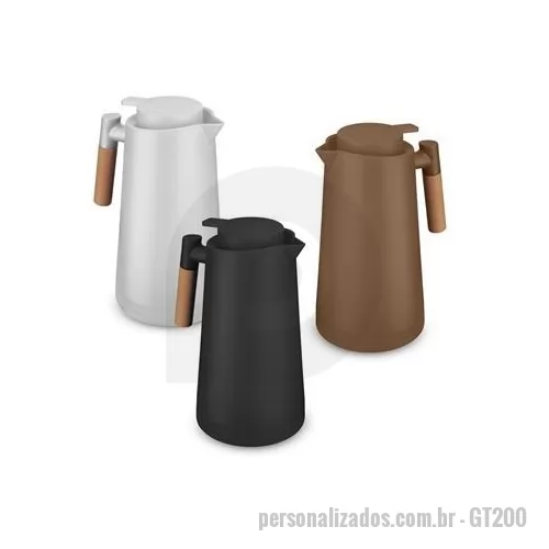 Garrafa térmica personalizada - Garrafa Térmica de Plástico PP exterior com parede dupla de ampola de vidro interior , com capacidade de até 1litro . Alça de madeira e tampa rosqueável com anel de silicone para vedação, possui sistema corta-pingo. Dimensão Produto: 25xø13,5cm Peso 
