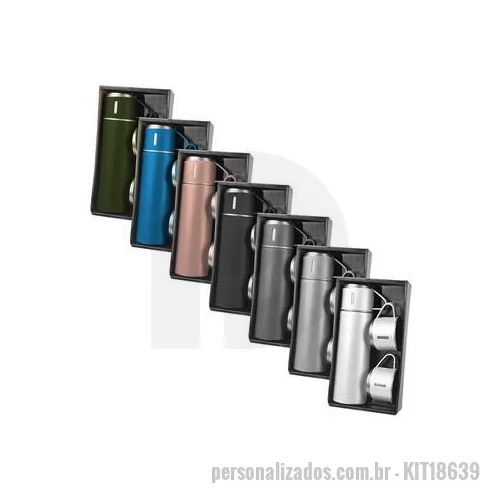 Garrafa térmica personalizada - Kit garrafa térmica 450 ml com duas tampas extras que podem ser utilizadas como xícaras. Garrafa produzida em inox com base antiderrapante e tampas de inox com revestimento plástico. Acompanha sacola de papel com berço de papelão para acomodação das 