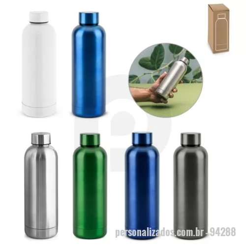 Garrafa térmica personalizada - Garrafa térmica em aço inox 90% reciclado de parede dupla isolada a vácuo. Garrafa com acabamento em mate metálico. Capacidade até 550 mL. Fornecida em caixa presente de papel kraft reciclado. Certificação EU Food Grade. ø73 x 222 mm