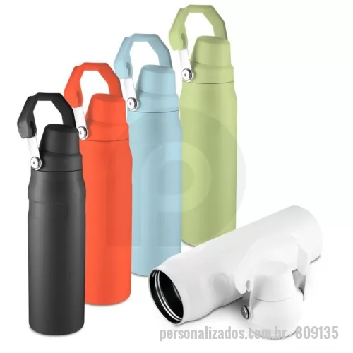 Garrafa térmica personalizada - Garrafa térmica de 750 ml com parede dupla em inox (interno 304 / externo 201), pintura a pó e tampa em plástico PP. A tampa é removível e pode ser encaixada na alça.