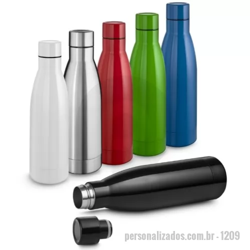 Garrafa térmica personalizada - Garrafa térmica em aço inox com parede dupla isoladao à vácuo com capacidadede de 450ml. Tampa rosqueável de inox na cor do produto com anel de silicone para vedação. Pintura brilhosa.  Conserva líquidos : ??8 horas ??12 horas