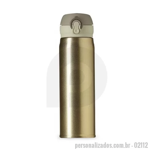 Garrafa térmica personalizada - Garrafa térmica de 400ml de inox colorida com botão e válvula para abertura. Possui um sistema de trava (basta mover para cima/baixo para abrir/fechar), pressione o botão central para abrir a tampa(possui na parte interna borracha protetora evitando vazar o líquido). Para abrir a tampa por completo basta rosqueá-la, parte interna revestida em inox. Na embalagem do produto pode ir especificado a capacidade de 450ml ou 500ml devido aos fabricantes que trabalham terem impresso a descrição deste modo, porém ressalvamos a capacidade correta de 400ml.  Medidas aproximadas para gravação: (CxL): 16 cm x 6 cm Tamanho: (CxL): 22,7 cm x 7,2 cm x 20,5 cm