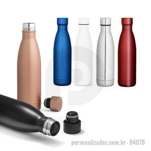 Garrafa térmica personalizada - Garrafa em aço inox de parede dupla térmica, isolada a vácuo com tampa em aço inox. Capacidade até 500 mL. Mantém as bebidas quentes por 8h e frias por 24h. Fornecido em caixa presente. Certificação EU Food Grade. ø67 x 255 mm  Caixa exterior (m): 0,400X0,400X0,300 Peso da caixa (Kg.): 8.900 Peso do Produto (g.): 334 Caixa Exterior (Un.): 25 Caixa interior (Un.): 1 NCMS: 76151000 Packing individual: Polybag Certificados: Food Safety, BPA Free País de origem: China