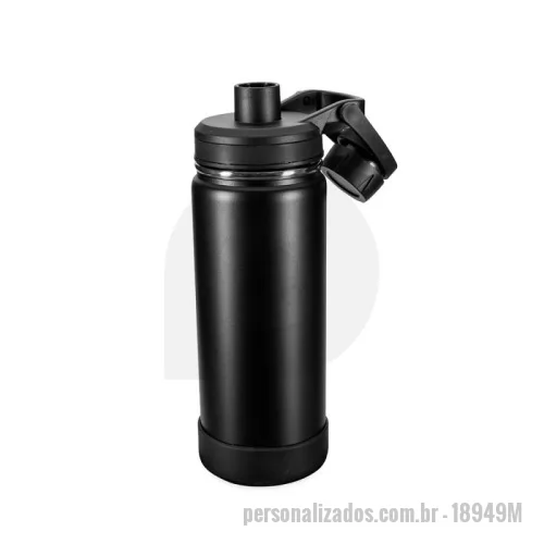 Garrafa térmica personalizada - Garrafa térmica em inox com pintura eletrostática e capacidade de até 550ml. Mantém a temperatura de líquidos por mais tempo graças à estrutura de parede dupla e ao isolamento a vácuo. Possui tampa plástica rosqueável com protetor de bocal e alça fixa. Acompanha protetor removível em silicone para a base.