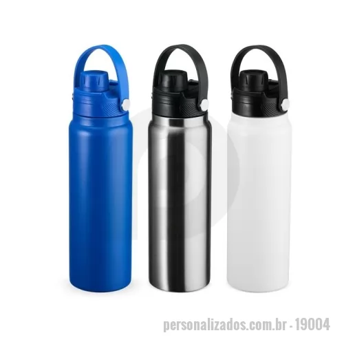 Garrafa térmica personalizada - Garrafa térmica em inox com capacidade de até 800ml. Conta com estrutura de parede dupla e vedação a vácuo, o que possibilita manter a temperatura de líquidos por mais tempo. Possui tampa plástica rosqueável com protetor para o bocal e alça para transporte.