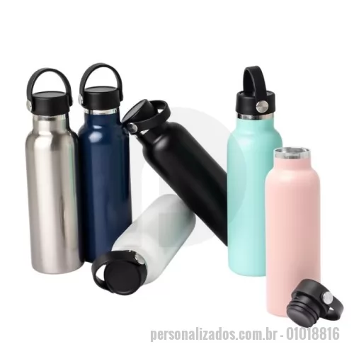 Garrafa térmica personalizada - Garrafa Térmica feita em Inox 304 com parede dupla e capacidade de 550ml. Com tampa rosqueável e alça para transporte para levá-la onde quiser.