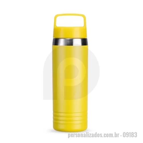 Garrafa térmica personalizada - Garrafa térmica em inox com capacidade para até 700ml. Conta  com estrutura de parede dupla e vedação a vácuo para garantir a conservação da temperatura dos líquidos por mais tempo, além de tampa rosqueável em plástico com alça fixa para transporte.