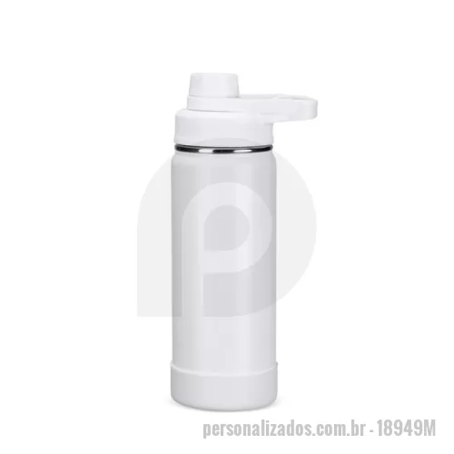 Garrafa térmica personalizada - Garrafa térmica em inox com pintura eletrostática e capacidade  de até 550ml. Mantém a temperatura de líquidos por mais tempo graças à estrutura de parede dupla e ao isolamento a vácuo. Possui tampa plástica rosqueável com protetor de bocal e alça fixa. Acompanha protetor removível em silicone para a base.