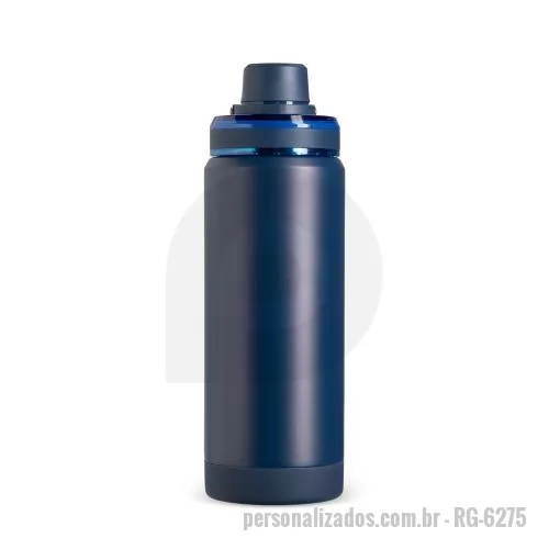 Garrafa térmica personalizada - Garrafa térmica em inox 304 com capacidade máxima de até 600ml. Estrutura de parede dupla e vedação a vácuo. Tampa rosqueável em plástico com protetor de bocal e alça para transporte.