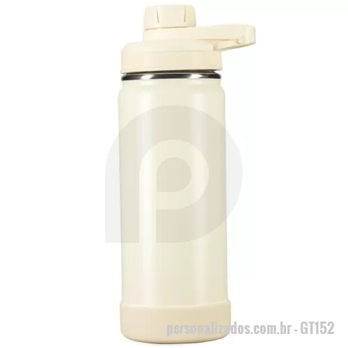 Garrafa térmica personalizada - Garrafa térmica em inox com pintura eletrostática e capacidade de até 550ml. Mantém a temperatura de líquidos por mais tempo graças à estrutura de parede dupla e ao isolamento a vácuo. Possui tampa plástica rosqueável com protetor de bocal e alça fixa. Acompanha protetor removível em silicone para a base.