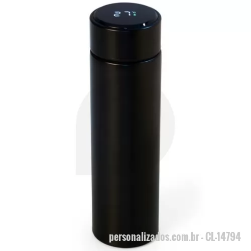 Garrafa térmica personalizada - Garrafa térmica de parede dupla em inox, capacidade de 400ml. Tampa com display touch screen de temperatura em led, acompanha infusor de bebidas.