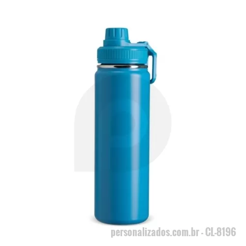 Garrafa térmica personalizada - Garrafa térmica feita em inox com pintura eletrostática e capacidade de até 750ml. Possui estrutura em parede dupla e isolamento a vácuo, o que permite manter a temperatura de líquidos conservada por mais tempo. Conta ainda com tampa rosqueável em plástico, protetor para o bocal e alça retangular para transporte.