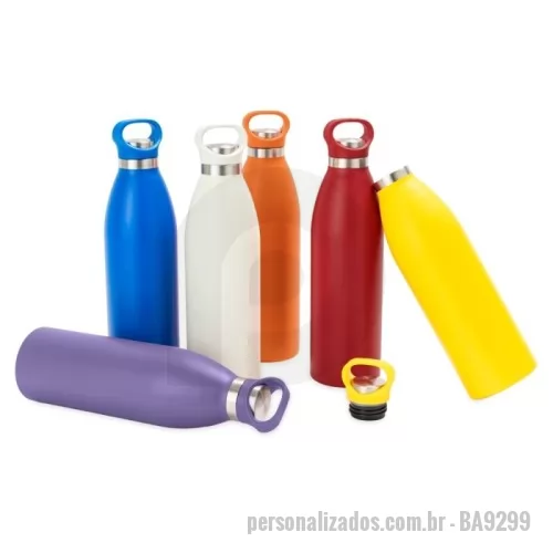 Garrafa térmica personalizada - Garrafa térmica com capacidade máxima de 750ml. Possui estrutura de parede dupla com interior em inox 304 e exterior em inox 201 com pintura eletrostática. Conta com tampa rosqueável em inox 201, parte interna e alça fixa em plástico polipropileno (PP), além de base em borracha termoplástica (TPR) antiderrapante. Gravação da logomarca a laser já incluso.