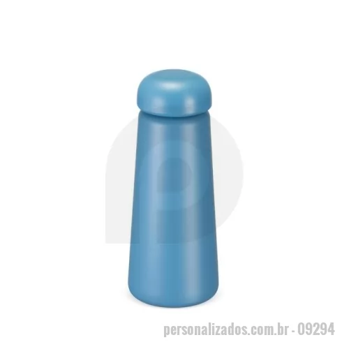 Garrafa térmica personalizada - Garrafa térmica com capacidade máxima de 450ml. Possui estrutura de parede dupla com interior em inox 304 e exterior em inox 201 com pintura eletrostática. Conta com tampa rosqueável em plástico polipropileno (PP) com anel de vedação em silicone.