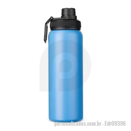 Garrafa térmica personalizada - Garrafa térmica com capacidade máxima de 800ml. Possui estrutura de parede dupla com interior em inox 304 e exterior em inox 201 com pintura eletrostática. Conta com tampa rosqueável em plástico polipropileno (PP), faixa ergonômica removível e anel interno de vedação em silicone, protetor do bocal e alça para transporte.