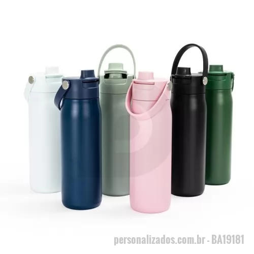 Garrafa térmica personalizada - Garrafa térmica com capacidade máxima de 700ml. Possui estrutura de parede dupla com interior em inox 304 e exterior em inox 201 com pintura eletrostática. Apresenta tampa rosqueável em plástico polipropileno (PP) com protetor para o bico, detalhe no topo e anel de vedação silicone, além de entrada interna para canudo e tampa fixa em borracha termoplástica (TPR). Acompanha canudo plástico para encaixe interno. Gravação da logomarca em 1 cor já incluso.