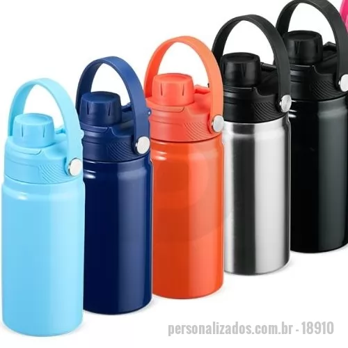 Garrafa térmica personalizada - Garrafa térmica de inox com parede dupla e tampa dupla, capacidade de 1 litro. Com alça plástica para transporte, a garrafa contém duas tampas utilizáveis como copos.