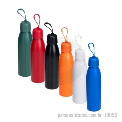 Garrafa térmica personalizada - Garrafa térmica de parede dupla, com parte externa em inox 201 e pintura aplicada por spray, e camada interna em inox 304. Com capacidade para até 500ml, conta ainda com tampa rosqueável em polipropileno (PP) e anel de vedação emborrachado, além de alça em nylon com detalhe em plástico.