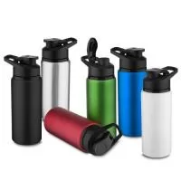 Garrafa de alumínio de 600ml em cores. Tampa rosqueável, bico com tampa vedada de acesso rápido, e alça para transporte.