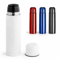 Garrafa em aço inox com parede dupla isolada a vácuo. Capacidade até 500 ml. Food grade. Fornecida em caixa branca. 