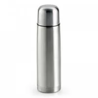 Garrafa em aço inox com parede dupla isolada a vácuo. Capacidade até 500 ml. Fornecida em caixa. 