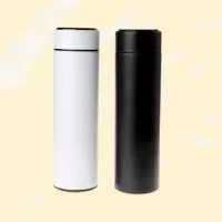 Garrafa térmica em aço inox, parede dupla, isolante a vácuo, 500ml, tampa e termômetro dígital com bateria substituível.