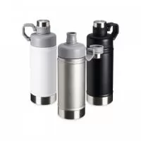  Garrafa térmica de parede dupla em inox, capacidade de 500ml. Tampa principal com bocal e tampa protetora com alça de transporte acoplada.