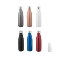 Garrafa em aço inox de parede dupla térmica, isolada a vácuo, com tampa em aço inox. Capacidade até 500 mL. Preserva as bebidas quentes por 8h e frias por 24h. Fornecido em caixa presente. Certificação EU Food Grade. ø71 x 255 mm