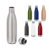 Garrafa em aço inox de parede dupla térmica, isolada a vácuo, com tampa em aço inox. Capacidade até 510 mL. Preserva as bebidas quentes por 8h e frias por 24h. Caixa branca 94657 vendida opcionalmente. Certificação EU Food Grade. ø67 x 255 mm