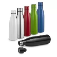 Garrafa térmica em aço inox com parede dupla isoladao à vácuo com capacidadede de 450ml. Tampa rosqueável de inox na cor do produto com anel de silicone para vedação. Pintura brilhosa.