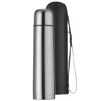 Garrafa térmica 1 litro em inox com tampa rosqueavel, tampa interna de plástico resistente (basta um clique para abrir e fechar), acompanha capa protetora de couro sintético com alça de nylon para transporte com detalhes vermelho.
