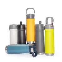 Garrafa térmica de aço inox com parede dupla, tampa de plástico rosqueável com bico flip, canudo interno e alça para transporte, com capacidade até 550 ml.