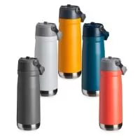 Garrafa térmica de parede dupla em inox, capacidade de 700ml. Tampa com alça de transporte, bico flip e canudo interno.