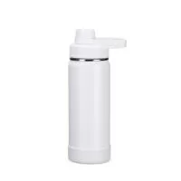 Garrafa térmica em inox com pintura eletrostática e capacidade  de até 550ml. Mantém a temperatura de líquidos por mais tempo graças à estrutura de parede dupla e ao isolamento a vácuo. Possui tampa plástica rosqueável com protetor de bocal e alça fixa. Acompanha protetor removível em silicone para a base.