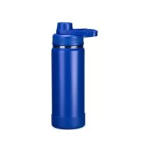 Garrafa térmica em inox com pintura eletrostática, capacidade até 550ml. Parede dupla e isolamento a vácuo. Tampa plástica rosqueável com protetor de bocal.