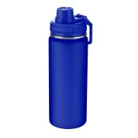 Garrafa térmica em aço inox com parede dupla isolada a vácuo e com capacidade de 570 ml. Tampa rosqueável com anel de silicone, alça plástica em formato de mosquetão e bico rosqueável para fácil acesso. Design com frisos na tampa e pintura a pó.