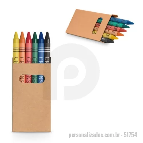 Giz de cera personalizado - Giz de cera Personalizado - 51754 - Caixa de papel kraft reciclado com 6 gizes de cera. Produto certificado de acordo com a portaria Inmetro nº423 de 8/out/2021. 53 x 92 x 9 mm - 182703 - Giz de cera