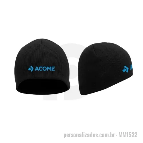 Gorro personalizado - Gorro sem Dobra em Malha Cheia de Lã produzido em máquina retilínea com fio 100% acrílico- tamanho único medindo aberto 24 cm. de comprimento X 20-0 cm largura onde se pode bordar. Incluso 01 logotipo bordado sobre a barra com até 5.000 pontos- embalado em saco plástico individual lacrado.