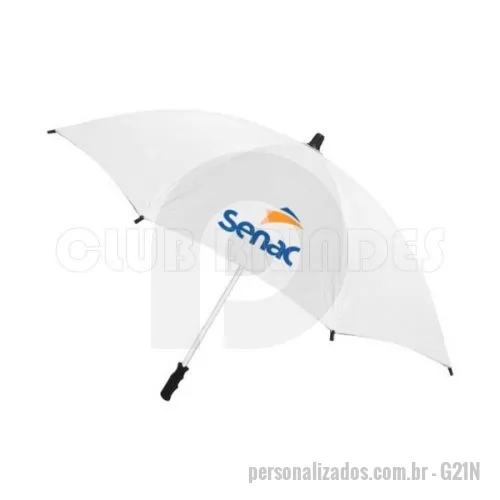 Guarda chuva personalizada - Guarda Chuva Portaria/Recepção Especial de Alumínio, varetas em aço, manual, cabo reto ou curvo com manopla de plástico, tecido nylon resinado. Disponível em várias cores. Gravação da logomarca em 1 cor em 2 gomos já inclusa.  Tamanho: Disponíveis nos tamanhos de 1,20 m, 1,40, e 1,60 de diâmetro.