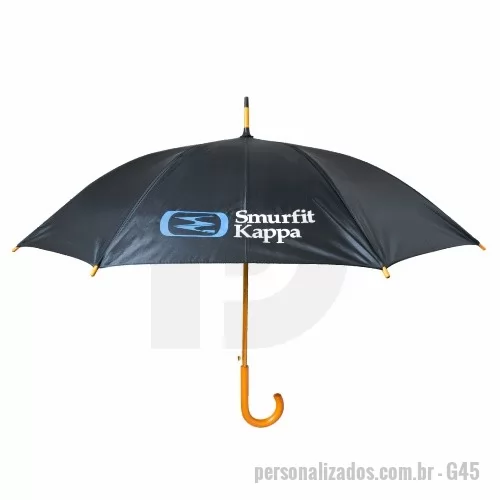 Guarda chuva personalizada - Guarda Chuva Colonial longo, nylon especial liso, cabo curvo em madeira, automático. Disponível em várias cores. Gravação da logomarca em 1 cor em 2 gomos já inclusa.  23  X 8 varetas. Tamanho: 120 cm de envergadura.