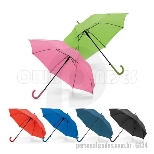 Guarda chuva personalizada - Guarda chuva. Poliéster 190T. Pega revestida a borracha. Abertura automática. Disponível em várias cores. Gravação da logomarca em 1 cor aplicada em 2 gomos já inclusa.  Tamanho Aprox: 104 cm de envergadura 