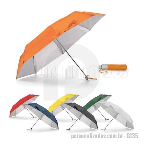 Guarda chuva personalizada - Guarda chuva dobrável feito de Poliéster, Fornecido em bolsa. Disponível em várias cores. Gravação da logomarca em 1 cor aplicada em 2 gomos já inclusa.  Tamanho Aprox: 96 cm de envergadura