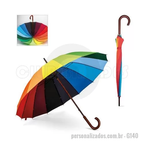 Guarda chuva personalizada - Guarda-chuva. 190T pongee. Pega em madeira. Gravação da logomarca em 1 cor aplicada em 2 gomos já inclusa.  Tamanho Aprox: 102 cm de envergadura