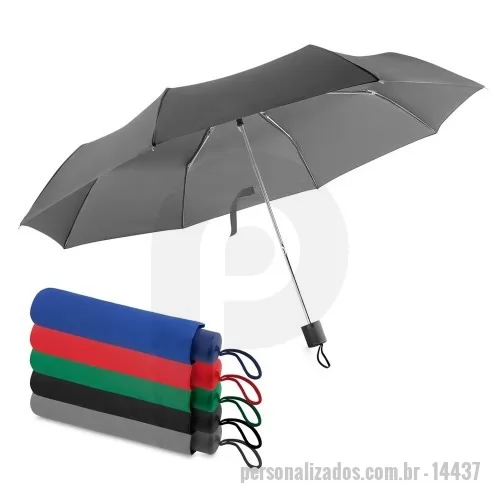 Guarda chuva personalizada - Guarda-chuva de poliéster com pegador plástico e oito varetas metálicas, acionamento manual. Acompanha cordão de nylon capa protetora.