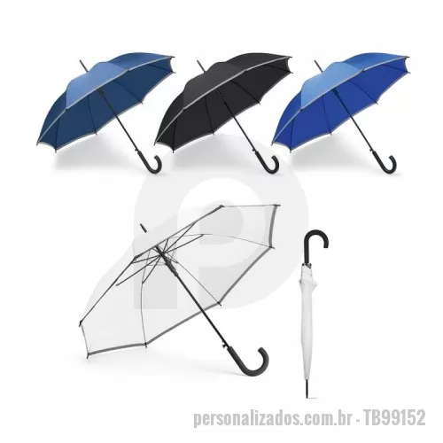 Guarda chuva personalizada - Guarda-chuva em poliéster. Possui faixa refletora, pega revestida na borracha e abertura automática. Medidas: ø960 x 815 mm.