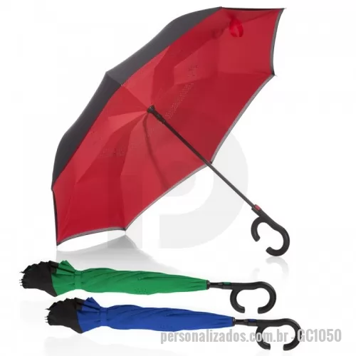 Guarda chuva personalizada - Guarda chuva Personalizada - GC1050 - Guarda-chuva invertido com cabo plástico e haste de metal, botão acionador para abertura automática, tecido ponge chinês, seda crua poliéster, oito varetas - 131541 - Guarda chuva