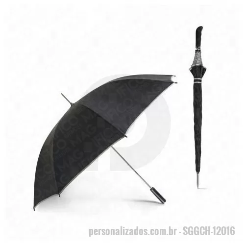 Guarda chuva personalizada - Guarda-chuva de golfe em poliéster 190T com pega em EVA. MEDIDAS: 1220 mm | 975 mm. Silk Screen 1 cor em 1 gomo, ou Transfer Colorida em 1 gomo para outros tipos de gravação fale com a consultora.