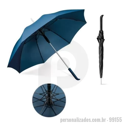 Guarda chuva personalizada - Guarda-chuva em 190T pongee, varetas em fibra de vidro, cabo em alumínio e haste revestida em borracha. Guarda-chuva à prova de vento com abertura automática. Fornecido em bolsa com alça curta para facilitar transporte. Guarda-chuva: ø1025 x 855 mm | Bolsa: 90 x 635 mm
