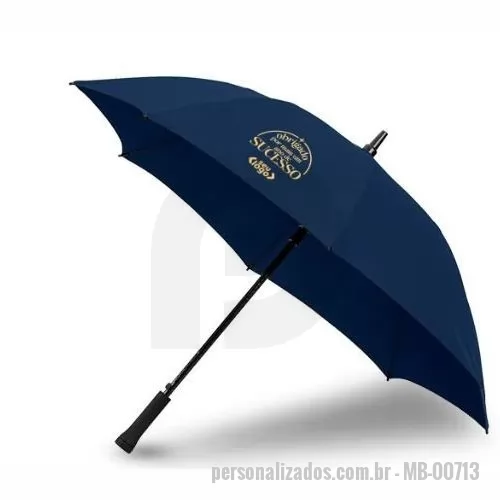 Guarda chuva personalizada - Guarda-chuva em Seda Sintética azul marinho automático com haste em Fibra de Vidro 14mm e empunhadura reta em ABS.